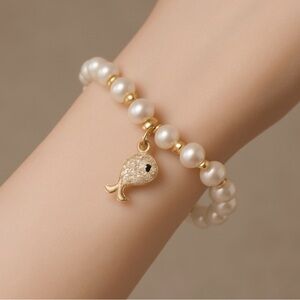 Elegant Pearl & Gold Bead Bracelet with Crystal Fish Charm